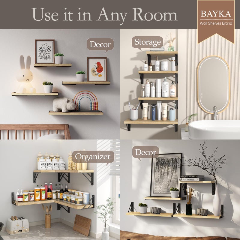 BAYKA Wall Shelves for Bedroom Decor, Floating Shelves for Living Room Kitchen Storage, Wall Mounted Rustic Shelves for Kids Books, Corner Shelf for Bathroom(Carbonized Brown,Set of 4) - Image 3
