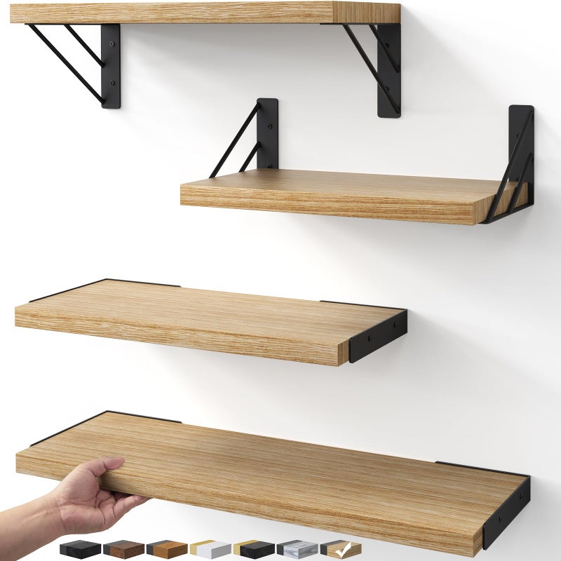 BAYKA Wall Shelves for Bedroom Decor, Floating Shelves for Living Room Kitchen Storage, Wall Mounted Rustic Shelves for Kids Books, Corner Shelf for Bathroom(Carbonized Brown,Set of 4) - Image 1