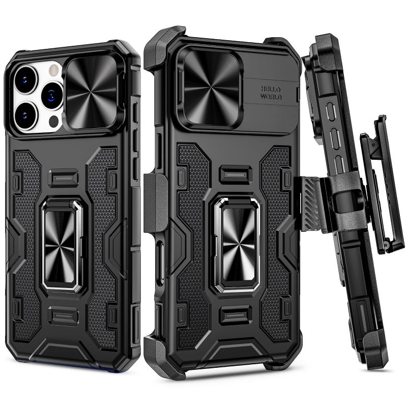 VEGO for iPhone 16 Pro Max Case, with Belt Clip Holster & Slide Camera Lens Protector & 360Â°Rotatable Ring Kickstand Military Grade Heavy Duty Protection Cover for 16 ProMax 5G 6.9 Inch - Black - Image 1