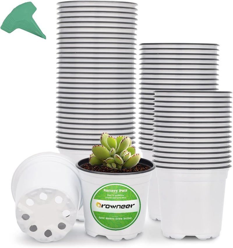 GROWNEER 60 Pack 4 Inch Thick Plastic Nursery Pots with 15 Plant Labels, White Seedling Starter Set for Indoor Outdoor Flower Planting and Garden Transplants Planter - Image 1