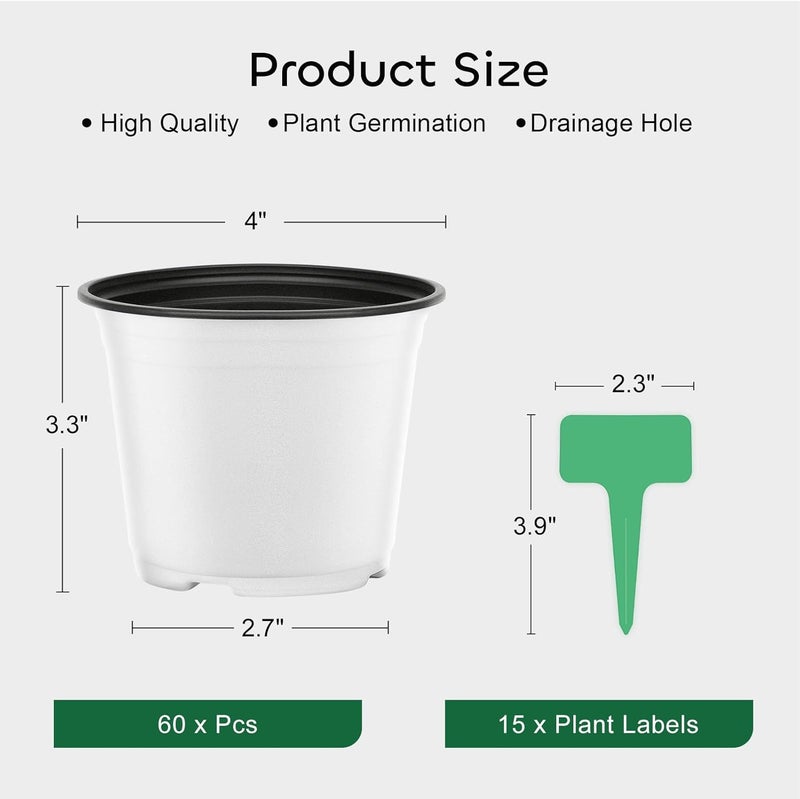 GROWNEER 60 Pack 4 Inch Thick Plastic Nursery Pots with 15 Plant Labels, White Seedling Starter Set for Indoor Outdoor Flower Planting and Garden Transplants Planter - Image 2