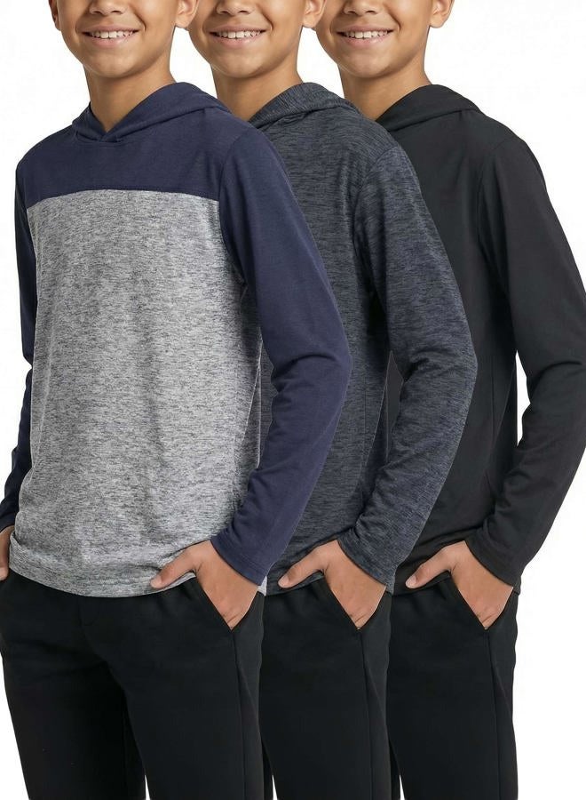 REALESSENTIALS 3 Pack: Boys Girls Youth Teen Quick Dry Dri Fit Dry Fit Long Sleeve Active Athletic Hoodie Tops Gym Sweatshirt Basketball Clothes Moisture Wicking Performance -Set 3,XL - Image 1