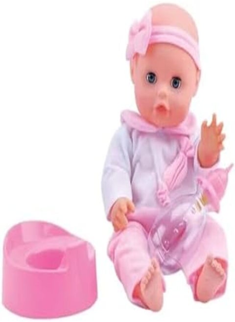BAMBOLINA 30CM SOFT DOLL WITH BOTTLE & TOWEL ON PLATFORM