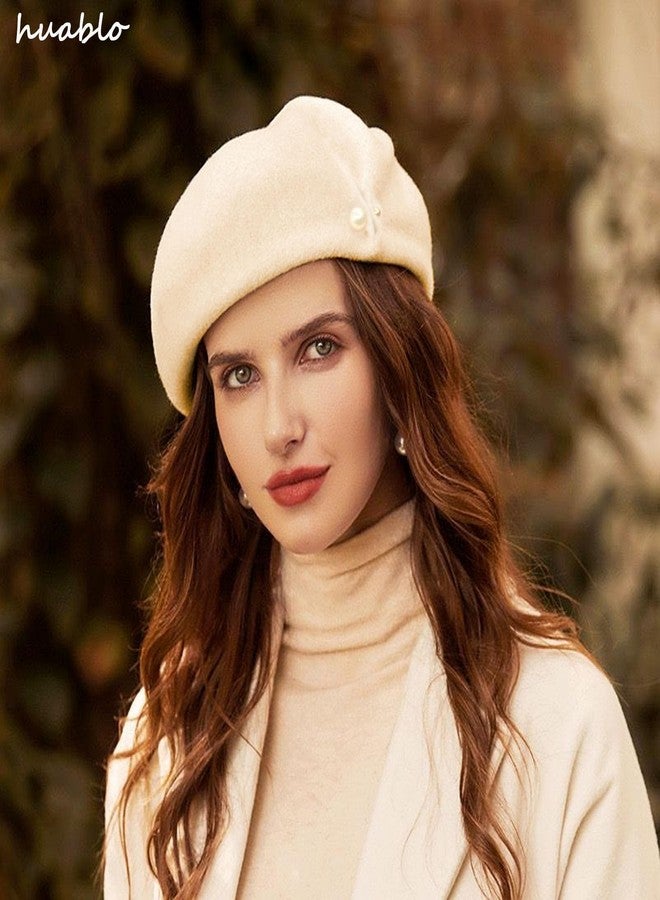 huablo Beret Hats for Womens Classic French Style Fall Winter Warm Cap for Lady Girl Solid Color Cashmere Berets Pearl Decorative Wool Artist Hat Beige, Beige, One size - Image 3