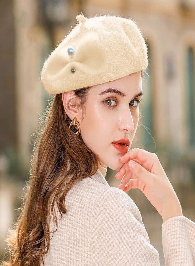 huablo Beret Hats for Womens Classic French Style Fall Winter Warm Cap for Lady Girl Solid Color Cashmere Berets Pearl Decorative Wool Artist Hat Beige, Beige, One size - Image 2