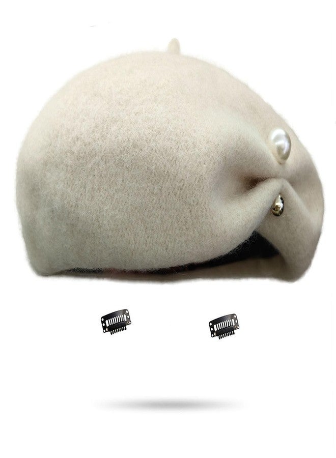 huablo Beret Hats for Womens Classic French Style Fall Winter Warm Cap for Lady Girl Solid Color Cashmere Berets Pearl Decorative Wool Artist Hat Beige, Beige, One size - Image 1