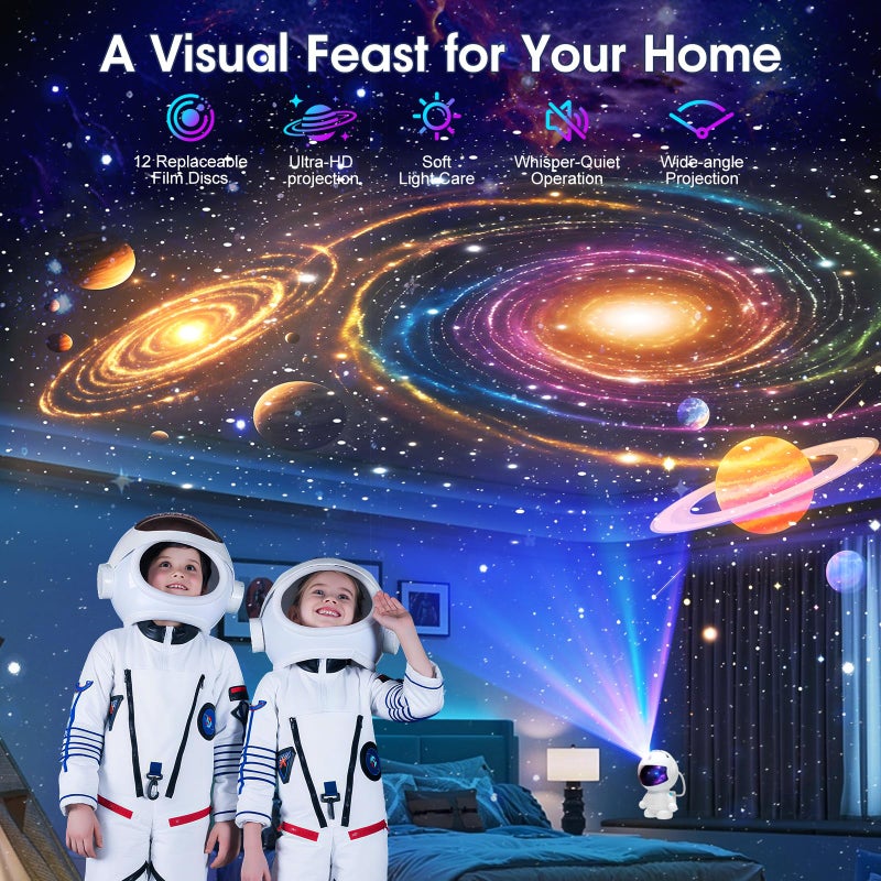 FSSQBFLC Astronaut Planetarium Projector for Bedroom, 12 Image Discs, Galaxy Projector Star Night Light, Ceiling Mood Lighting, LED Space Galaxy Lamp, Kids Adults Room Decor - Image 4