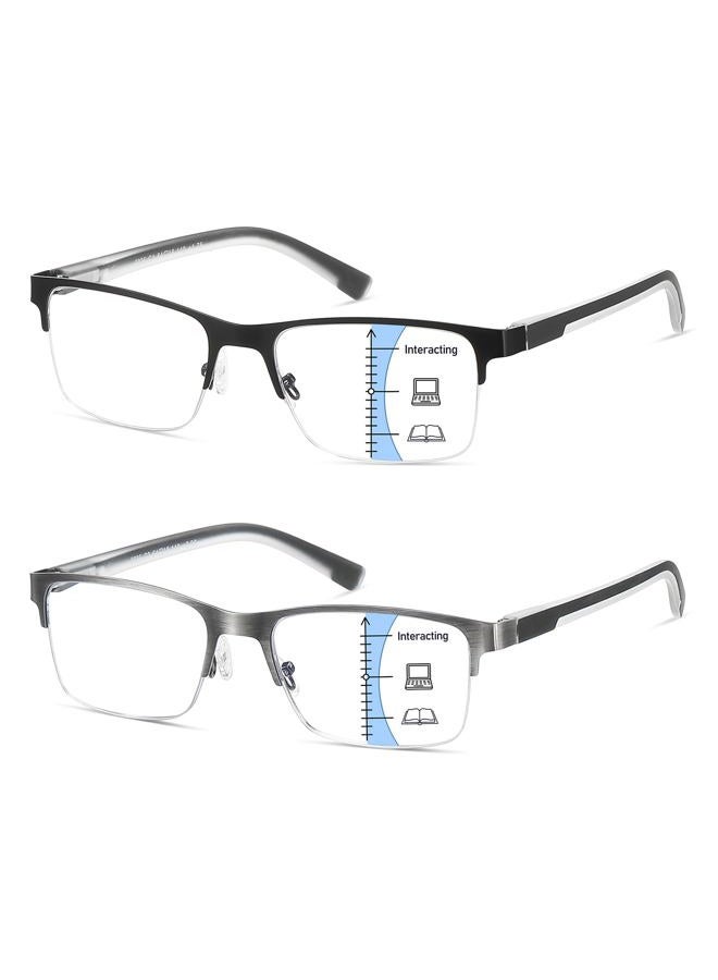 LKEYE Multifocus Reading Glasses Men Progressive Multifocal Blue Light Blocking Computer Reader Half Metal Frame Extra Wide No Line Multi Focus Large Designer Transition Spring Hinge Eyeglasses 1.50x - Image 1
