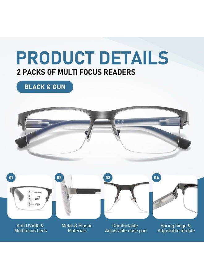 LKEYE Multifocus Reading Glasses Men Progressive Multifocal Blue Light Blocking Computer Reader Half Metal Frame Extra Wide No Line Multi Focus Large Designer Transition Spring Hinge Eyeglasses 1.50x - Image 4