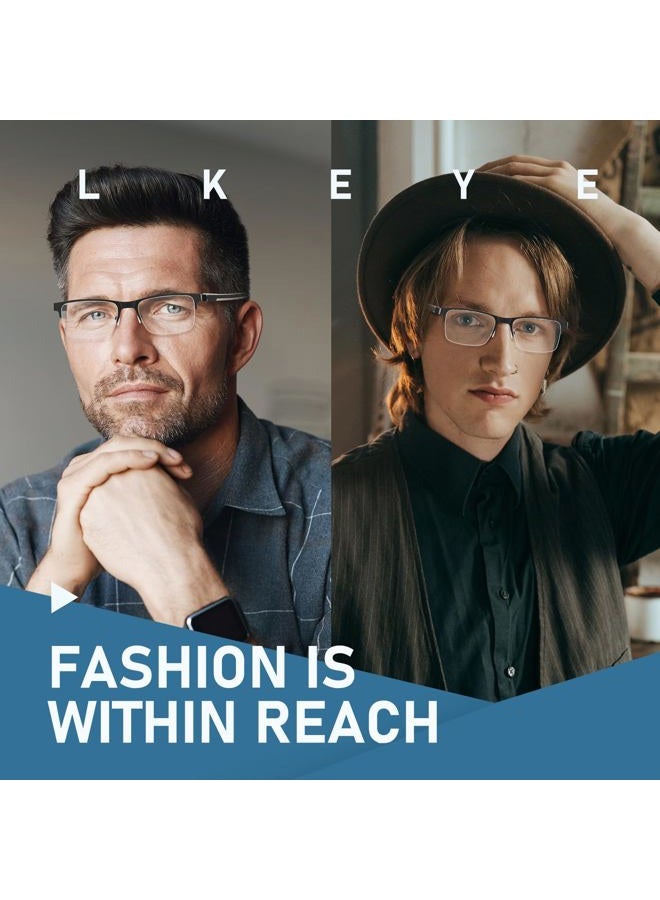 LKEYE Multifocus Reading Glasses Men Progressive Multifocal Blue Light Blocking Computer Reader Half Metal Frame Extra Wide No Line Multi Focus Large Designer Transition Spring Hinge Eyeglasses 1.50x - Image 2