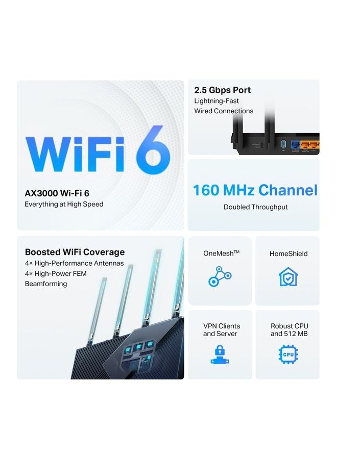تي بي لينك موجه AX3000 Wi-Fi 6 (Archer AX55 Pro) - موجه إنترنت لاسلكي متعدد جيجابت، منفذ 1 × 2.5 جيجابت في الثانية، نطاق مزدوج، موجه VPN، OFDMA، MU-MIMO، منفذ USB، WPA3، متوافق مع Alexa - Image 4