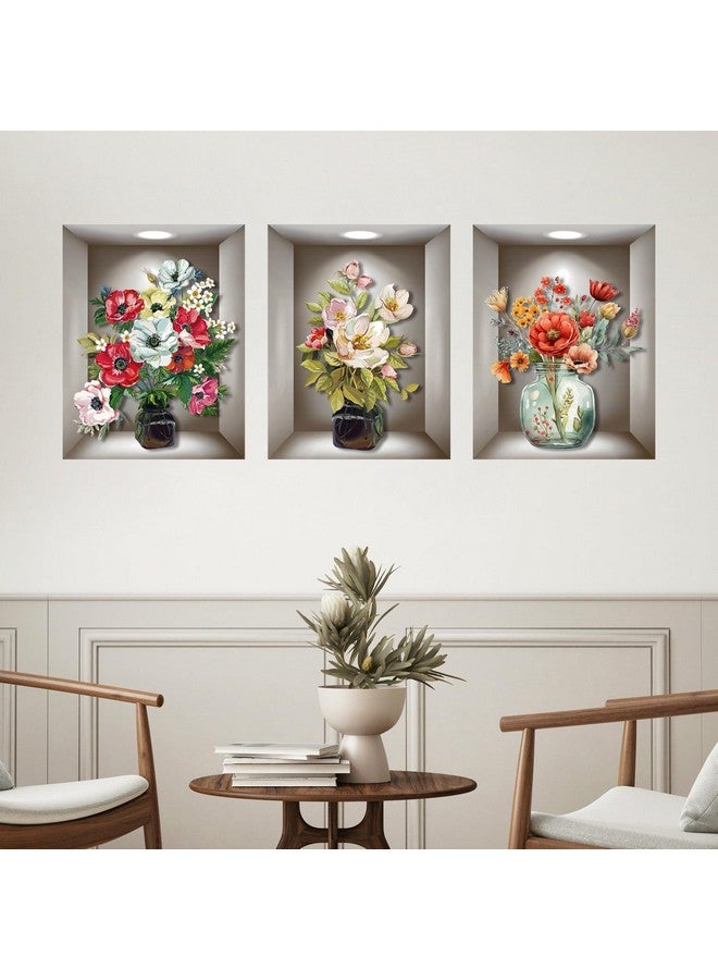 Supzone 3D Vase Wall Stickers - 3 Pcs Vintage Flower Wall Art, Colorful Floral Blossom Wall Decals, Self-Adhesive for Bedroom, Living Room, Sofa Backdrop, Yoga Room - Image 4