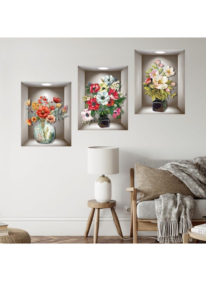 Supzone 3D Vase Wall Stickers - 3 Pcs Vintage Flower Wall Art, Colorful Floral Blossom Wall Decals, Self-Adhesive for Bedroom, Living Room, Sofa Backdrop, Yoga Room - Image 3