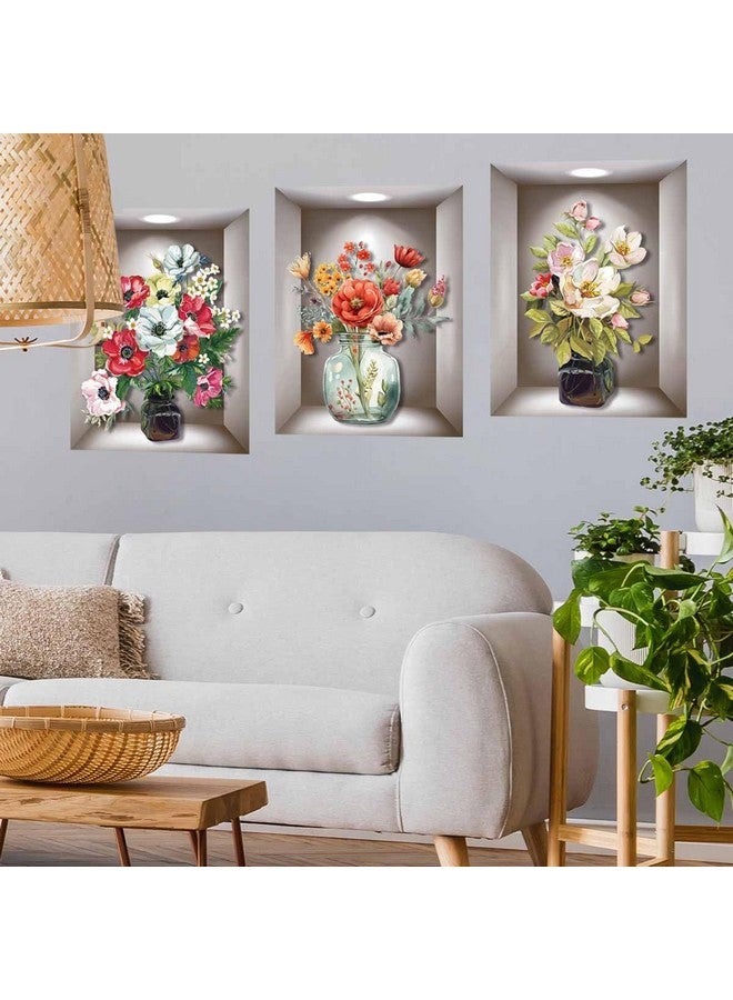 Supzone 3D Vase Wall Stickers - 3 Pcs Vintage Flower Wall Art, Colorful Floral Blossom Wall Decals, Self-Adhesive for Bedroom, Living Room, Sofa Backdrop, Yoga Room - Image 5