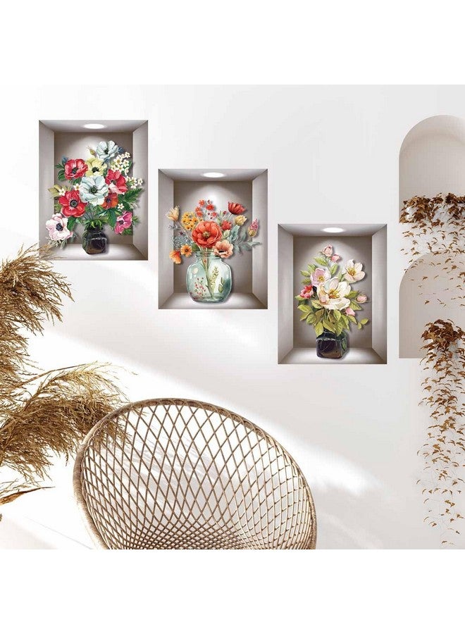 Supzone 3D Vase Wall Stickers - 3 Pcs Vintage Flower Wall Art, Colorful Floral Blossom Wall Decals, Self-Adhesive for Bedroom, Living Room, Sofa Backdrop, Yoga Room - Image 2