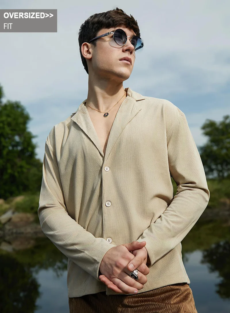 Campus Sutra Campus Sutra Men's Sand Beige Ribbed Oversized Shirt For Casual Wear | Cuban Collar | Long Regular Sleeves | Button Closure | Oversized Shirt Crafted With Comfort Fit For Everyday Wear