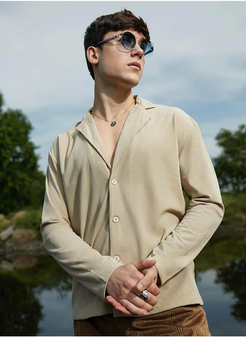 Campus Sutra Men's Sand Beige Ribbed Oversized Shirt