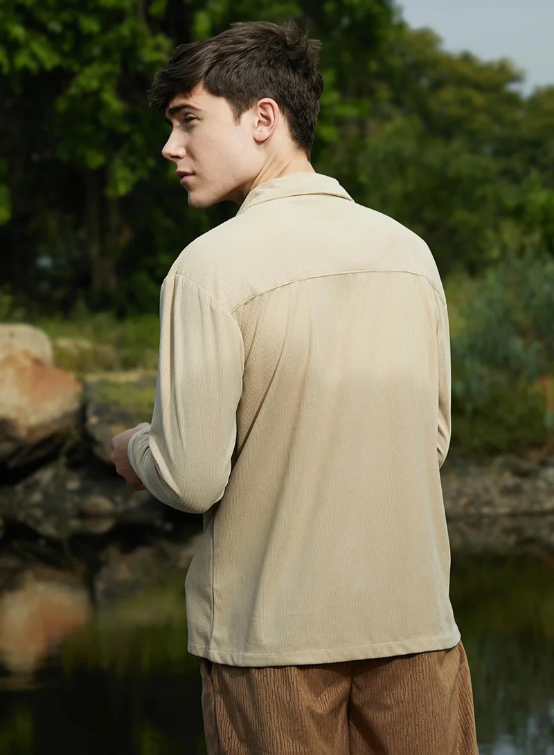 Campus Sutra Campus Sutra Men's Sand Beige Ribbed Oversized Shirt For Casual Wear | Cuban Collar | Long Regular Sleeves | Button Closure | Oversized Shirt Crafted With Comfort Fit For Everyday Wear
