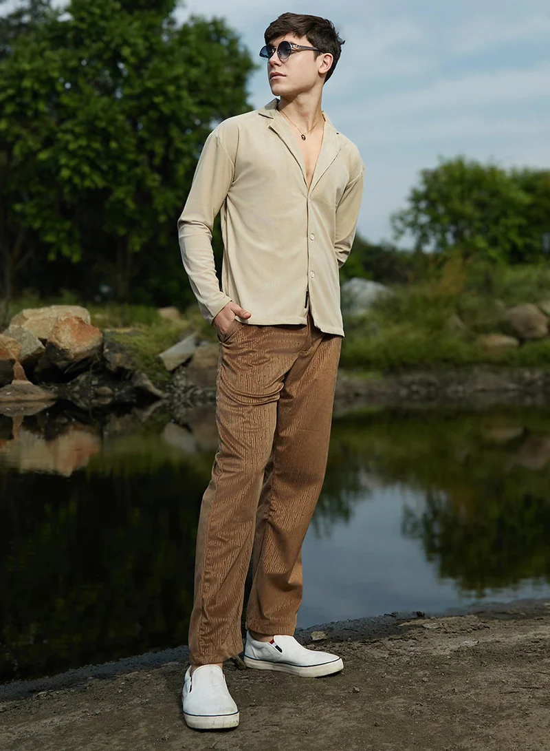 Campus Sutra Campus Sutra Men's Sand Beige Ribbed Oversized Shirt For Casual Wear | Cuban Collar | Long Regular Sleeves | Button Closure | Oversized Shirt Crafted With Comfort Fit For Everyday Wear