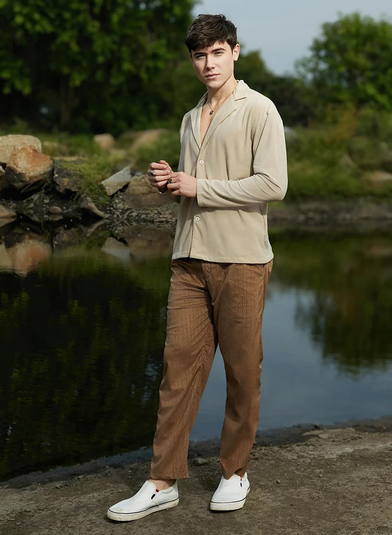 Campus Sutra Campus Sutra Men's Sand Beige Ribbed Oversized Shirt For Casual Wear | Cuban Collar | Long Regular Sleeves | Button Closure | Oversized Shirt Crafted With Comfort Fit For Everyday Wear