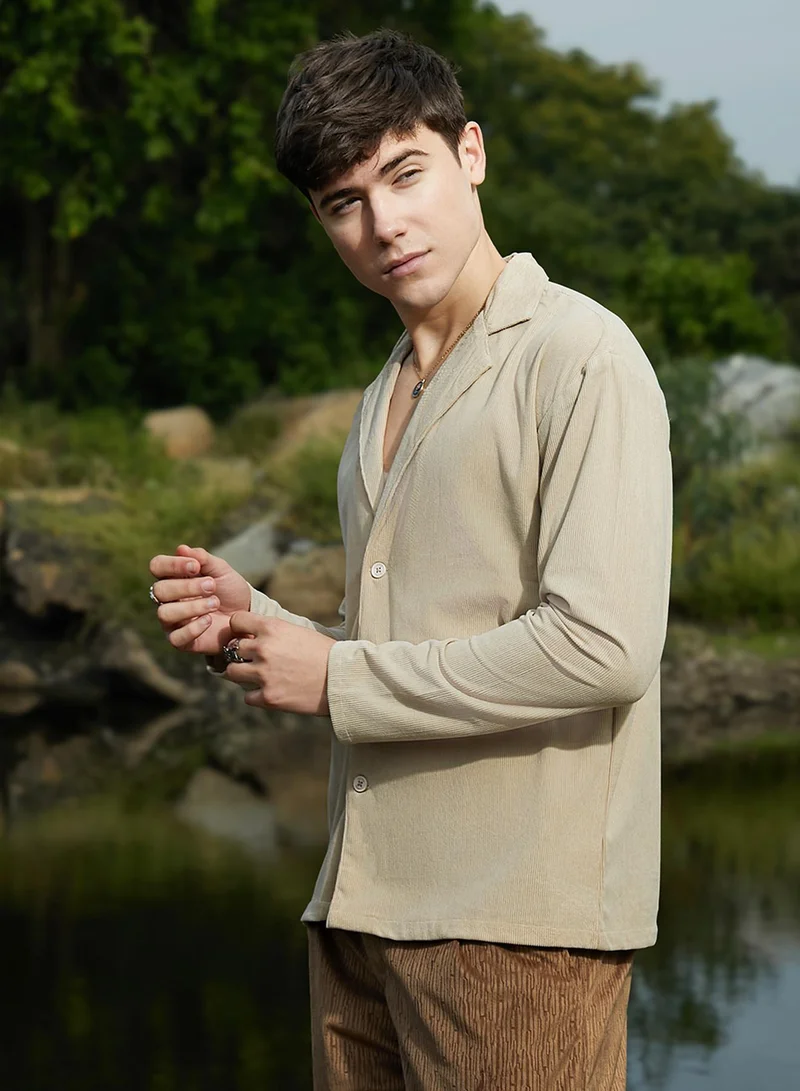 Campus Sutra Campus Sutra Men's Sand Beige Ribbed Oversized Shirt For Casual Wear | Cuban Collar | Long Regular Sleeves | Button Closure | Oversized Shirt Crafted With Comfort Fit For Everyday Wear