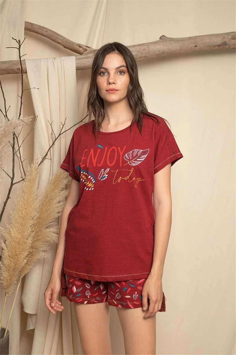 موناميسي 20111 100% Cotton Women's Short Sleeve Shorts Set-Claret Red