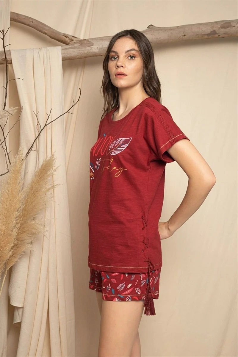 موناميسي 20111 100% Cotton Women's Short Sleeve Shorts Set-Claret Red