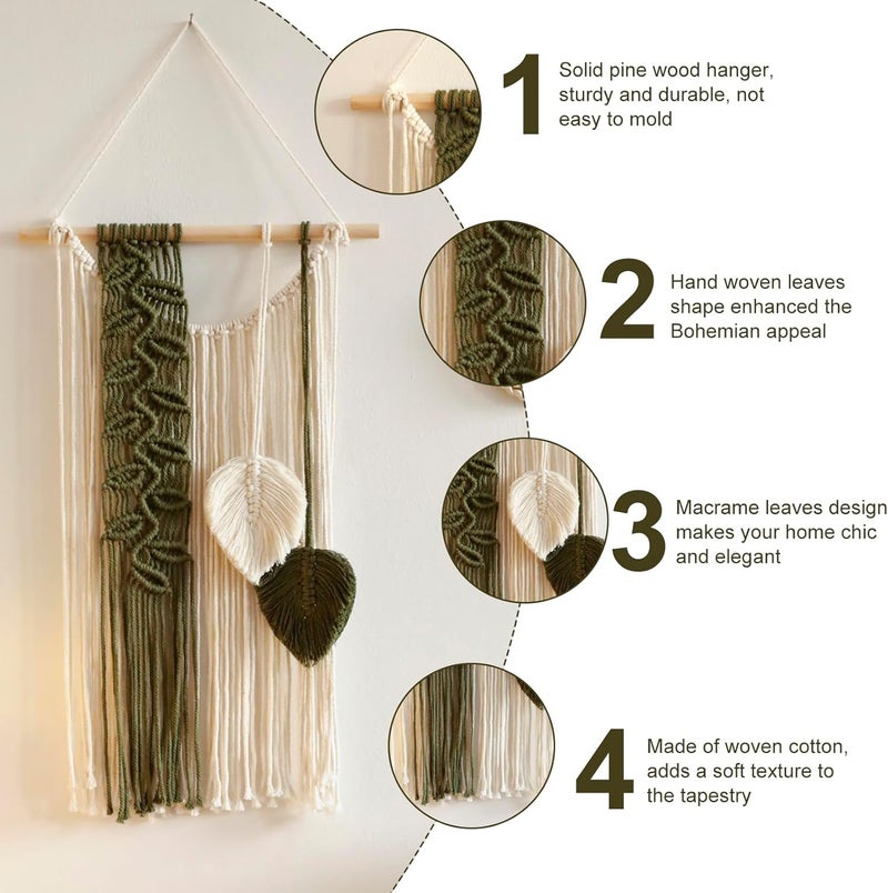Artilady Macrame Leaves Tapestry Wall Decor- Bohemian Woven Tapestries Green Leaves Wall Art, Large Boho Tassels Hanging Ornament Western Room Decor for Bedroom Living Room Dorm - Image 3