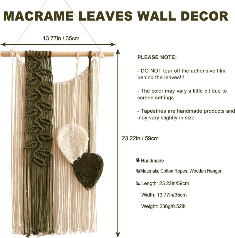 Artilady Macrame Leaves Tapestry Wall Decor- Bohemian Woven Tapestries Green Leaves Wall Art, Large Boho Tassels Hanging Ornament Western Room Decor for Bedroom Living Room Dorm - Image 4