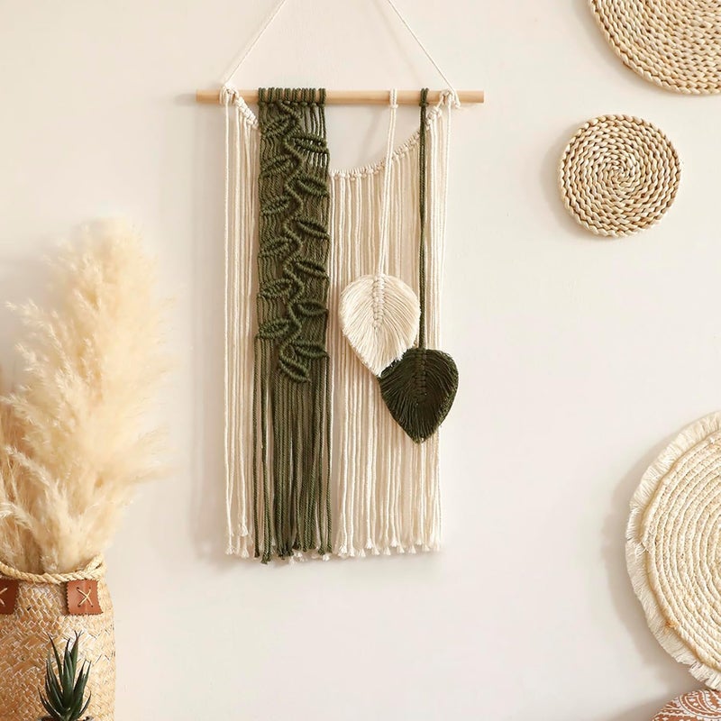 Artilady Macrame Leaves Tapestry Wall Decor- Bohemian Woven Tapestries Green Leaves Wall Art, Large Boho Tassels Hanging Ornament Western Room Decor for Bedroom Living Room Dorm - Image 1