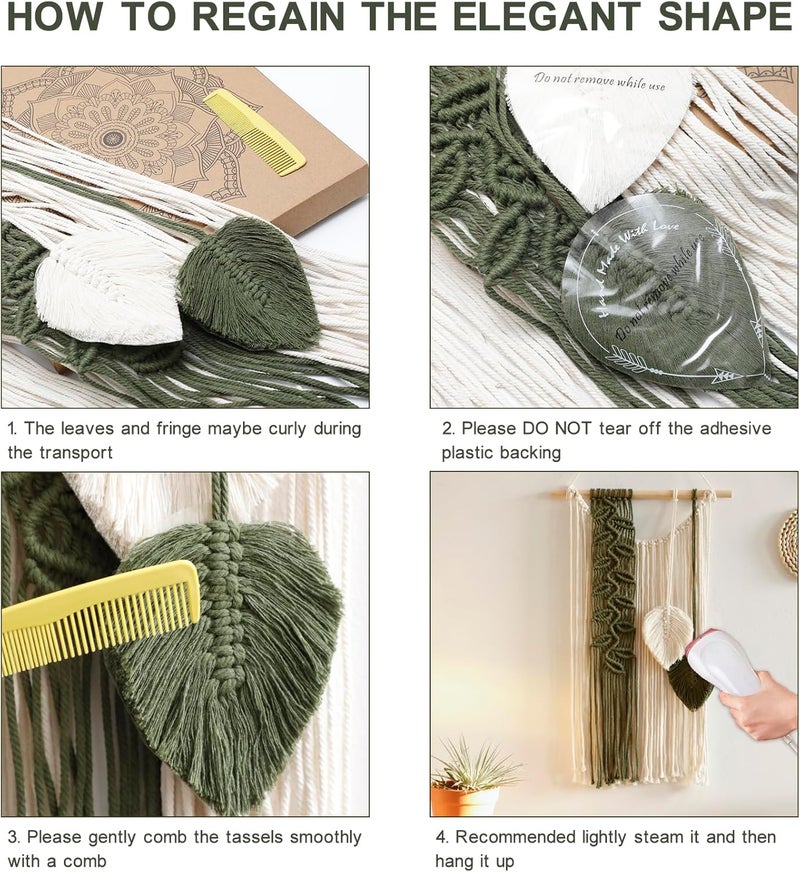 Artilady Macrame Leaves Tapestry Wall Decor- Bohemian Woven Tapestries Green Leaves Wall Art, Large Boho Tassels Hanging Ornament Western Room Decor for Bedroom Living Room Dorm - Image 5