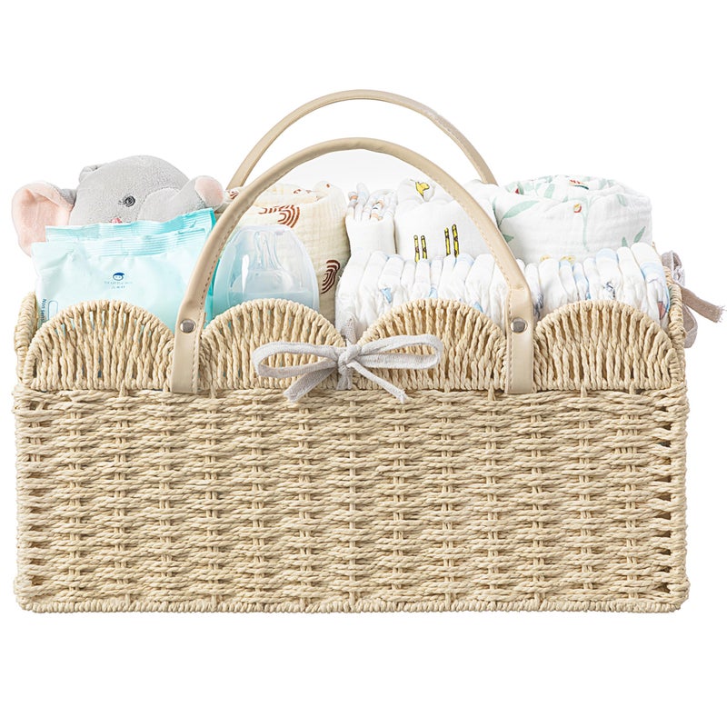 HBlife Large Baby Diaper Caddy, Paper Rope Storage Baskets Nursery Bin with Removable Divider, Portable Car Organizer for Diapers, Baby Shower Gifts, Newborn Essentials Must Haves - Image 1