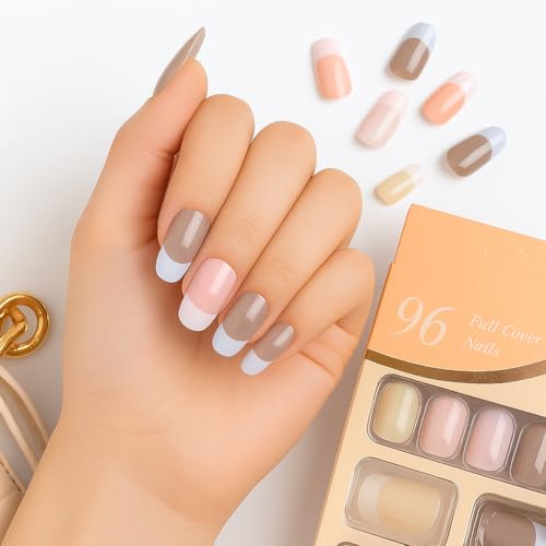 Coslifestore Pack of 96 Press On Nails | Reusable French Stick Artificial Nail Extensions | Gel Tips Fake Acrylic Nails Set in 4 Nude & Pink Color Combinations | Lightweight, Long-Lasting, Easy-to-Use Quick Fix for Festivals & Special Occasions - Image 3