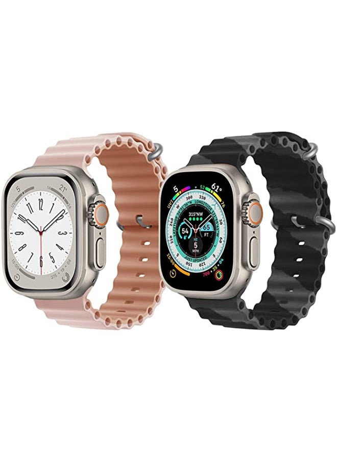 IAF - Silicone Ocean Band Strap for Apple Watch Ultra 8 49mm Pink/Beige Double Side Strap with Black/Gray Double Line Strap Set of 2 - Image 1