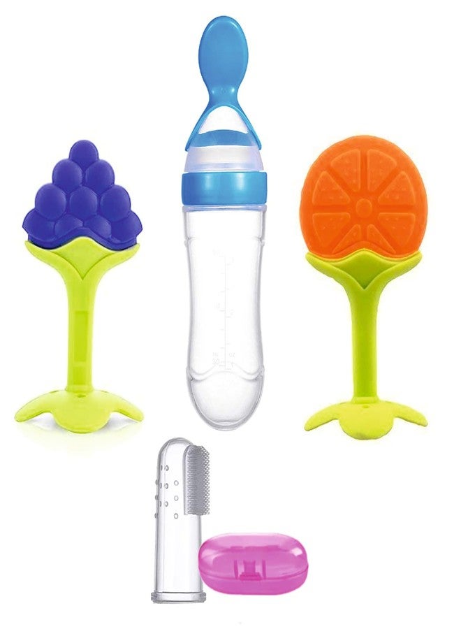 ROFORUF Baby Fruit Feeder Teether Set with Silicone Finger Toothbrush & 90ml Spoon Feeder Bottle | BPA Free Teething Toy, Gum Cleaner, Tongue Brush, Infant Feeding Kit 0–24 Months (Combo 4) - Image 1