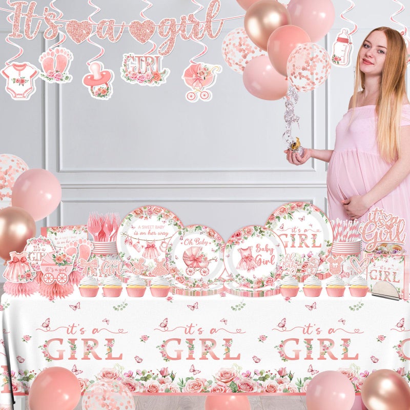 YTGUVBK Its a Girl Baby Shower Decorations, Pink Floral Baby Shower Decorations for Girl Include Plates,Napkins,Banner,Balloons,Tablecloth,Cups,Hanging Swirl,Cake Topper,Honeycomb for Baby Girl Party Decor - Image 4