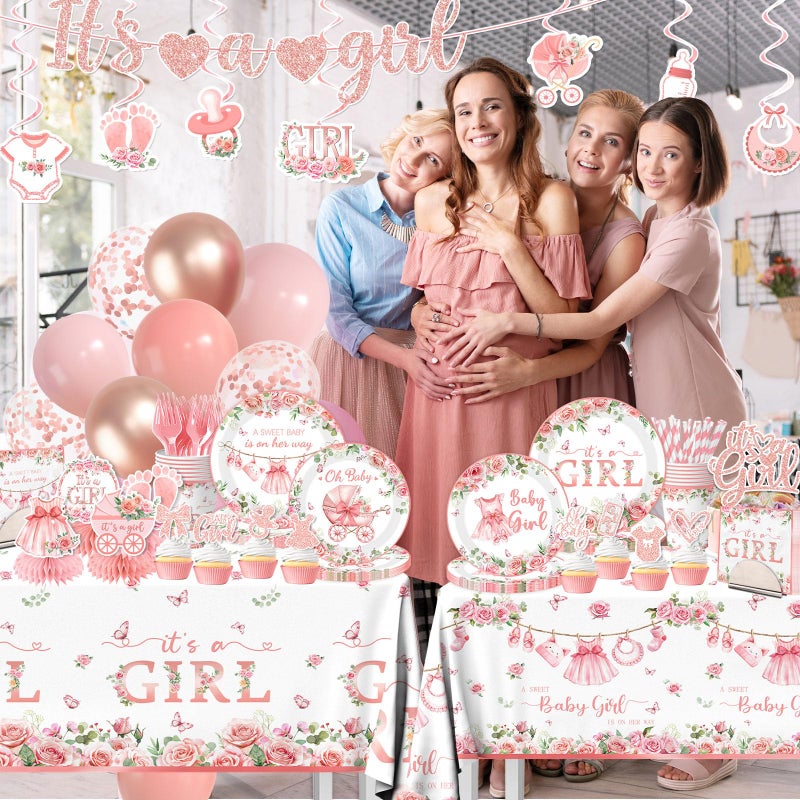 YTGUVBK Its a Girl Baby Shower Decorations, Pink Floral Baby Shower Decorations for Girl Include Plates,Napkins,Banner,Balloons,Tablecloth,Cups,Hanging Swirl,Cake Topper,Honeycomb for Baby Girl Party Decor - Image 2