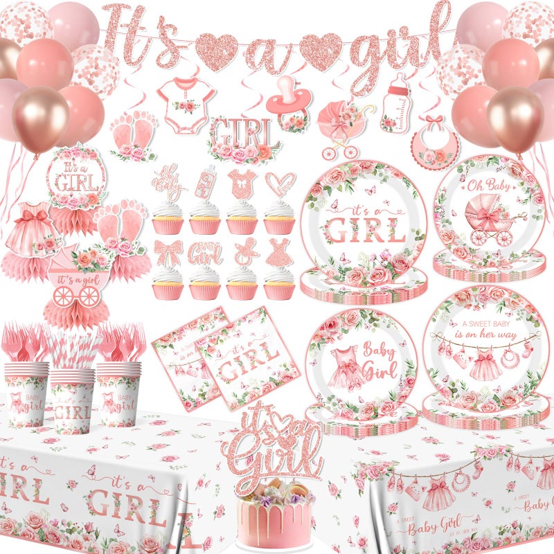 YTGUVBK Its a Girl Baby Shower Decorations, Pink Floral Baby Shower Decorations for Girl Include Plates,Napkins,Banner,Balloons,Tablecloth,Cups,Hanging Swirl,Cake Topper,Honeycomb for Baby Girl Party Decor - Image 1
