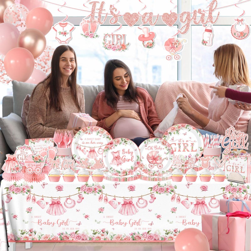 YTGUVBK Its a Girl Baby Shower Decorations, Pink Floral Baby Shower Decorations for Girl Include Plates,Napkins,Banner,Balloons,Tablecloth,Cups,Hanging Swirl,Cake Topper,Honeycomb for Baby Girl Party Decor - Image 3
