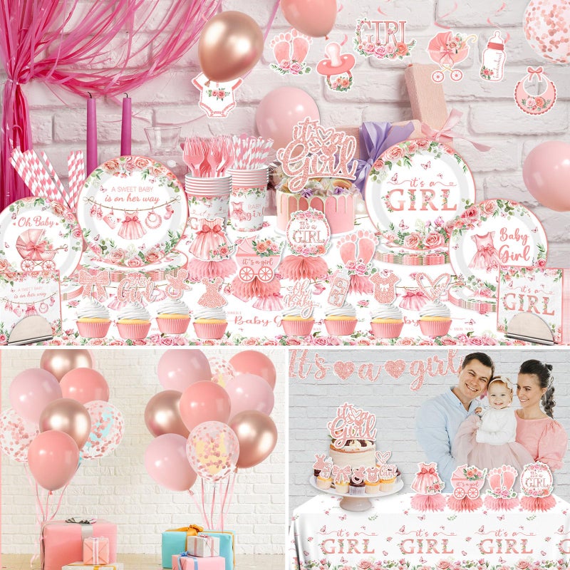 YTGUVBK Its a Girl Baby Shower Decorations, Pink Floral Baby Shower Decorations for Girl Include Plates,Napkins,Banner,Balloons,Tablecloth,Cups,Hanging Swirl,Cake Topper,Honeycomb for Baby Girl Party Decor - Image 5