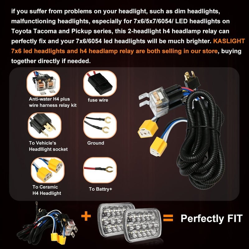 KASLIGHT 1Set 2 Headlight Wiring Harness H4 Relay Harness H6054 LED Headlight Connector Socket Kit for 9003 6054 Toyota 95-97 Tacoma 88-95 Pickup Headlamp Fix Dual Light Dim Dual Ground Problem - Image 4