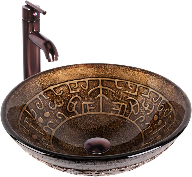 VIGO 17 L 17 W 13 H Golden Greek Glass Round Vessel Sink Set in Brown with Faucet and Drain VGT127 - Image 1