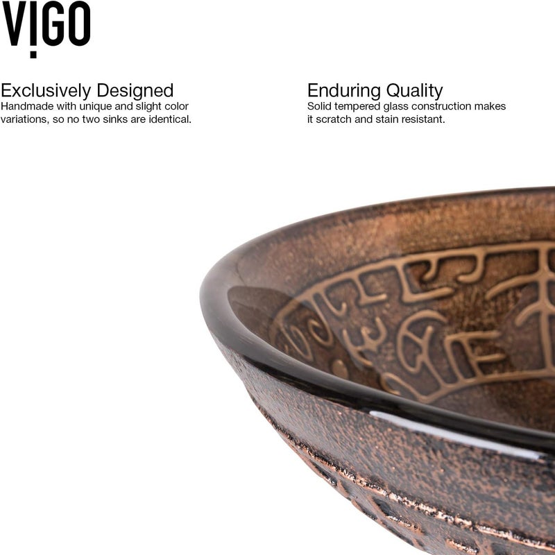 VIGO 17 L 17 W 13 H Golden Greek Glass Round Vessel Sink Set in Brown with Faucet and Drain VGT127 - Image 4