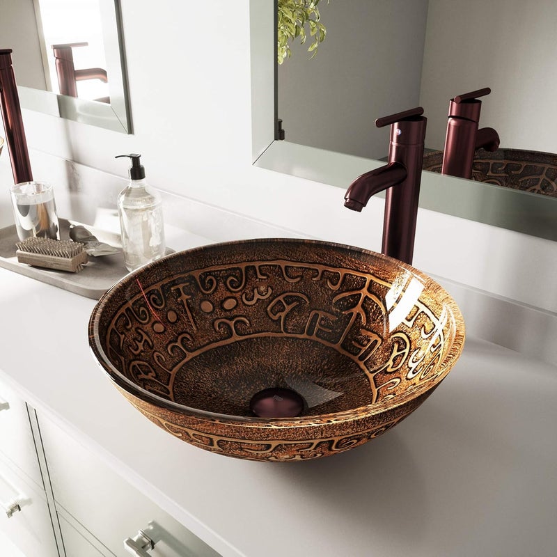 VIGO 17 L 17 W 13 H Golden Greek Glass Round Vessel Sink Set in Brown with Faucet and Drain VGT127 - Image 2