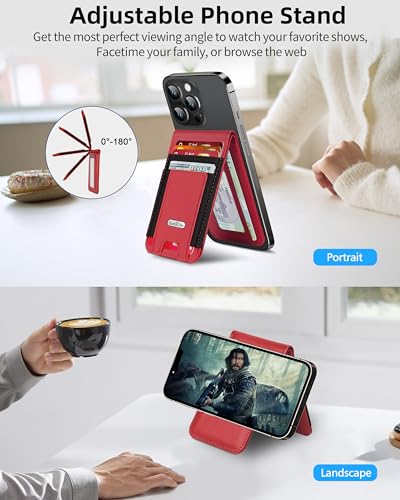 ExtreLife For Magsafe Wallet Stand Strongest Magnetic Wallet for iPhone 171615141312 Series Magnetic Card Holder with Adjustable Stand ID Window 10 Cards Holder Vegan Leather RFID Blocking Red - Image 3