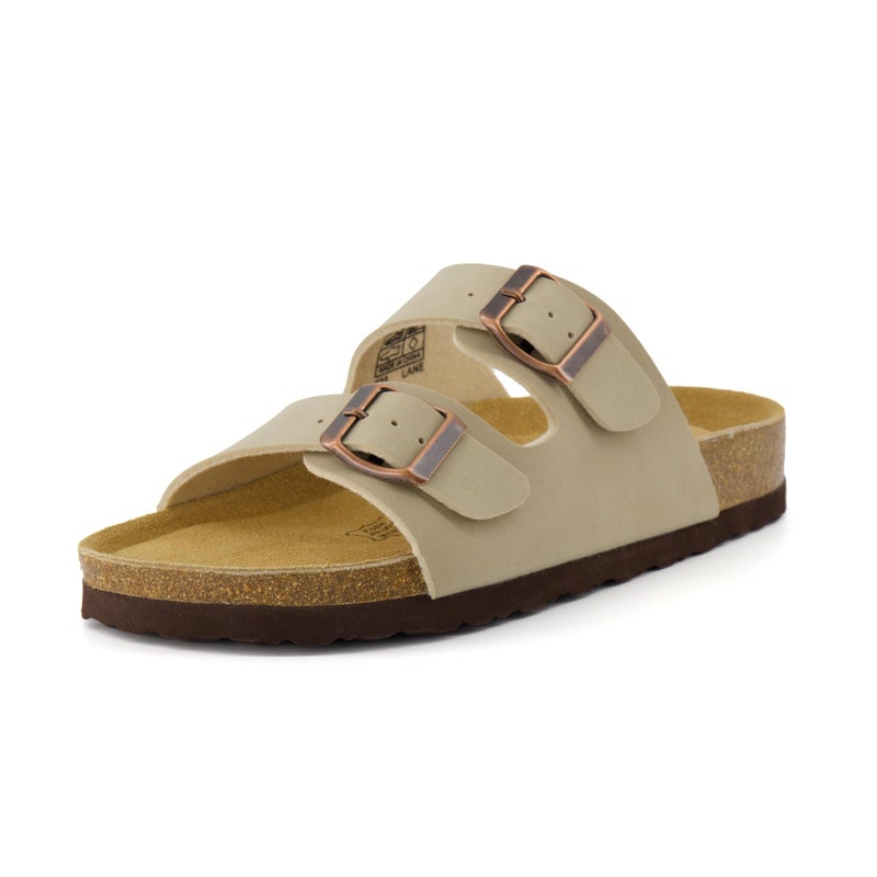 CUSHIONAIRE CUSHIONAIRE Lane Cork Footbed Sandals for Women – Comfortable Double Buckle Slip-On with Genuine Suede Footbed & Arch Support Slides for Women Footwear, STONE 8 - Image 1