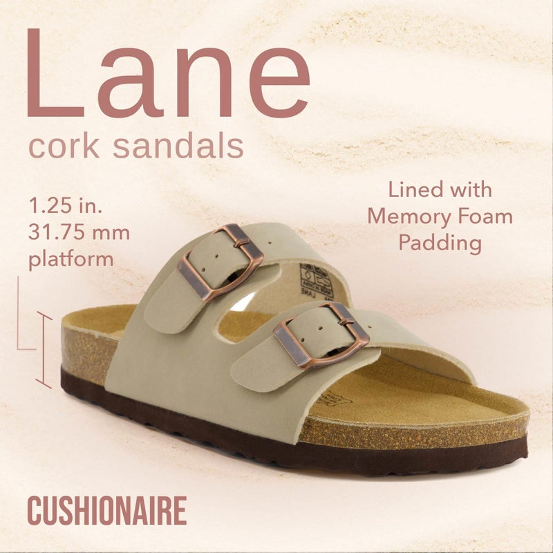 CUSHIONAIRE CUSHIONAIRE Lane Cork Footbed Sandals for Women – Comfortable Double Buckle Slip-On with Genuine Suede Footbed & Arch Support Slides for Women Footwear, STONE 8 - Image 2