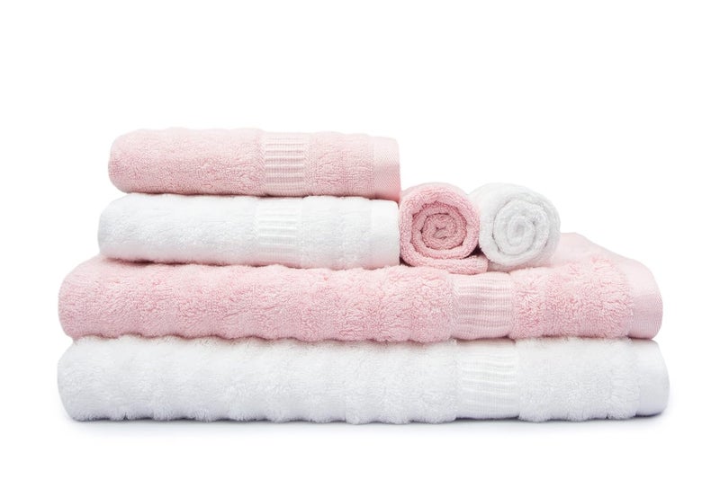 Mush Bamboo Towel: Ultra Soft, Absorbent, Eco 600 GSM 6 Pieces (2 Bath, 2 Hand, 2 Face) Couple Gift Set (Cream & Green) (Pink & White) - Image 1