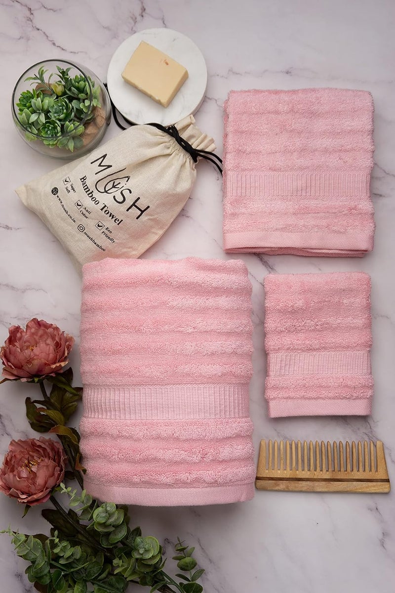 Mush Bamboo Towel: Ultra Soft, Absorbent, Eco 600 GSM 6 Pieces (2 Bath, 2 Hand, 2 Face) Couple Gift Set (Cream & Green) (Pink & White) - Image 3