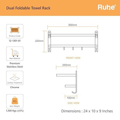 Ruhe® Dual Folding Towel Rack | Premium Grade Stainless Steel Dual Folding Towel Rack/Towel Holder/Towel Stand/Accessories for Bathroom and Kitchen | (24 Inches) - Image 2